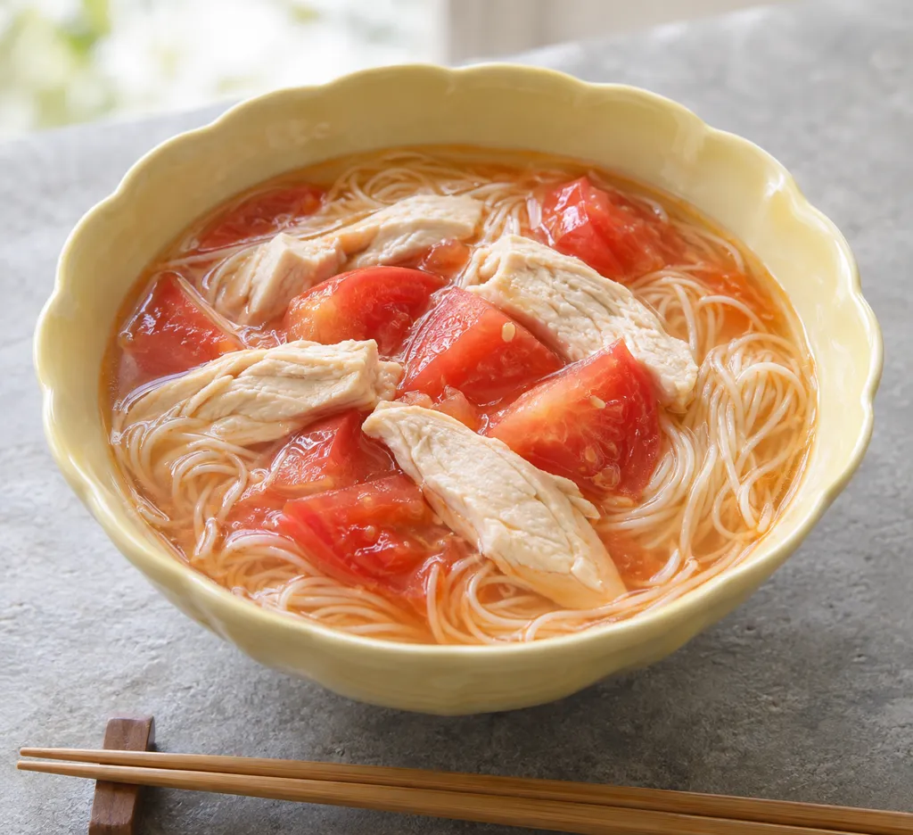 鶏むね肉とトマトの中華スープそうめんの完成イメージ