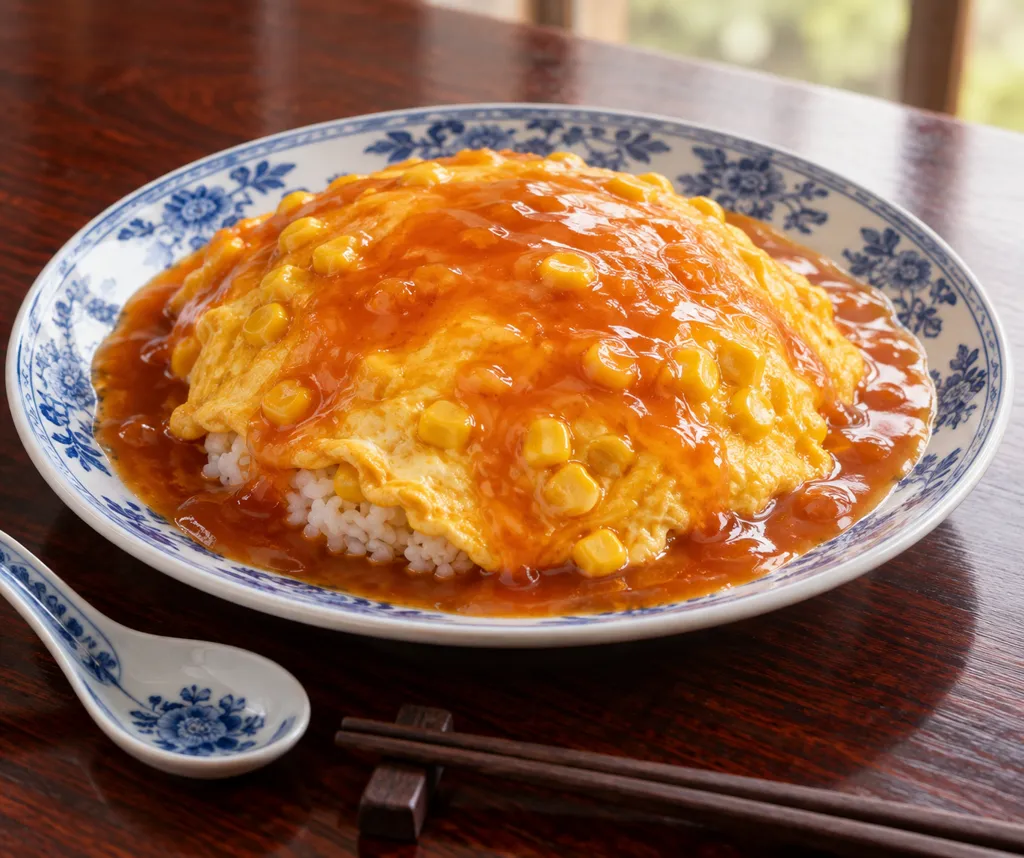 コーンと卵の甘酢天津飯の完成イメージ