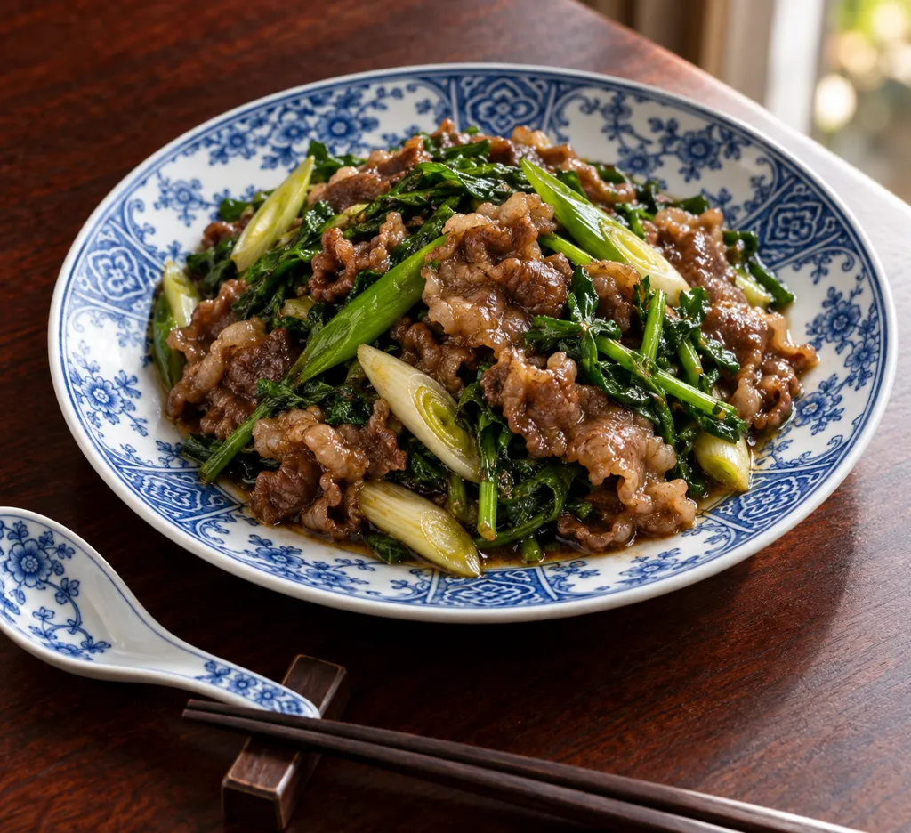 牛バラ肉と春菊のねぎ炒めの完成イメージ