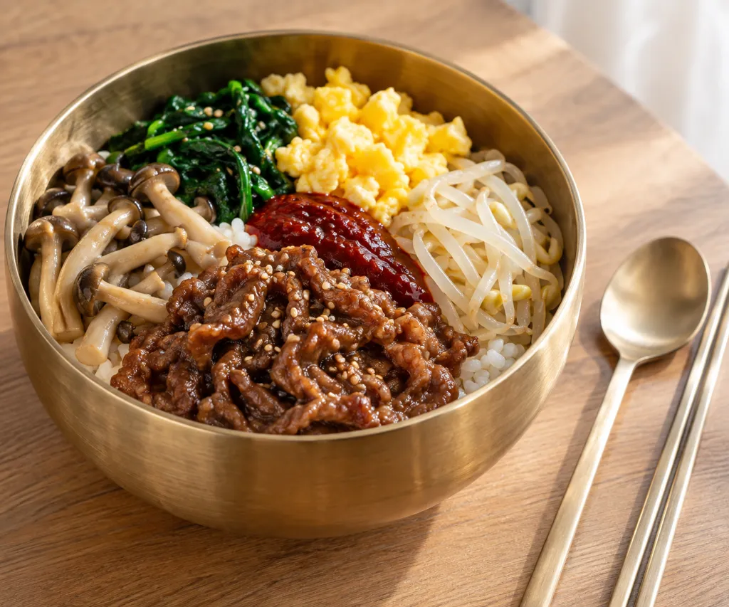 時短牛薄切り肉としめじのビビンバの完成イメージ