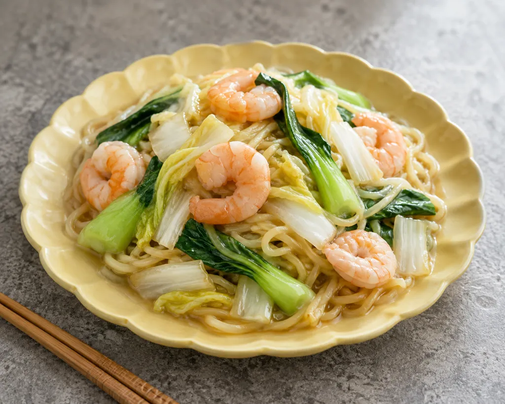 時短えびとチンゲン菜の中華塩麺の完成イメージ