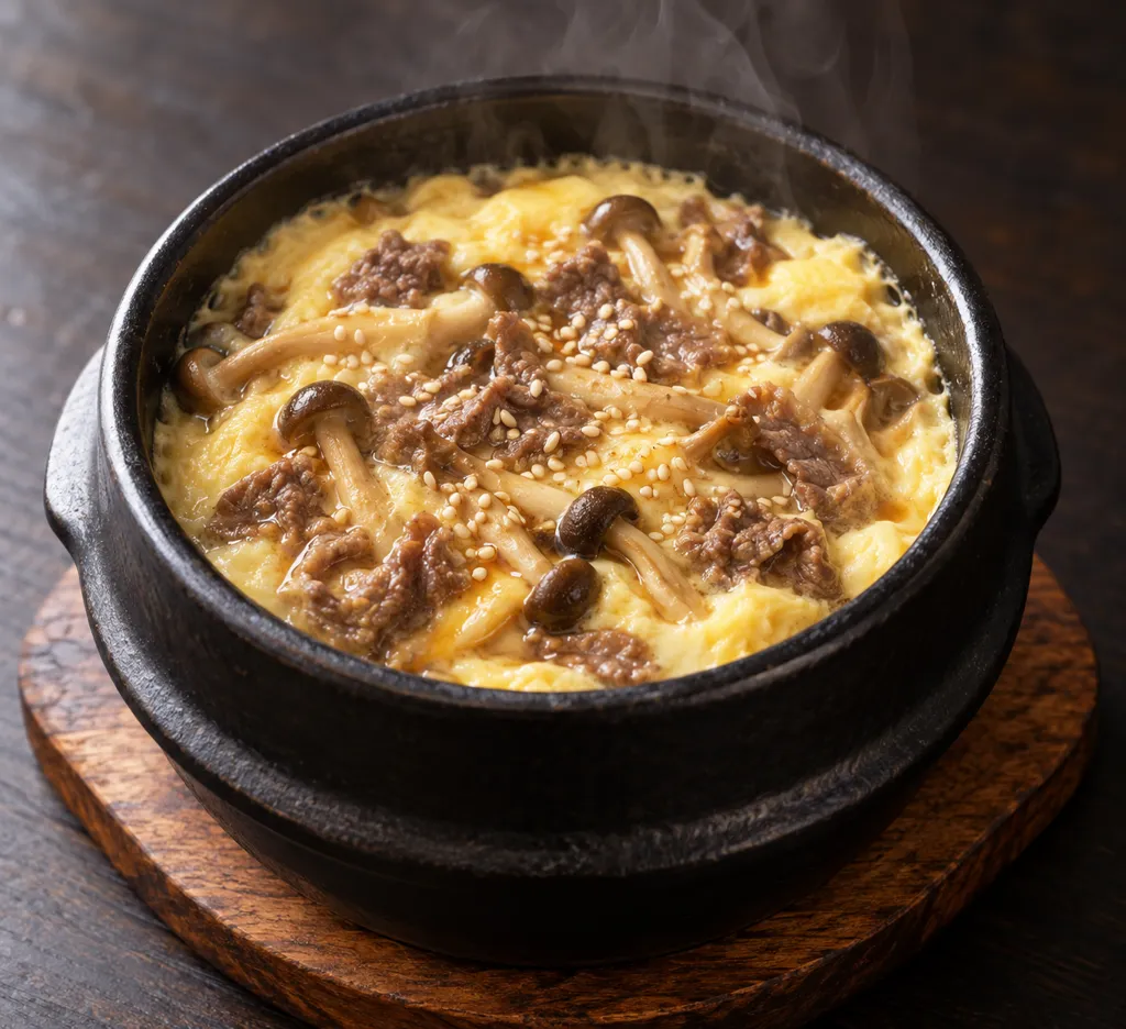 牛こま肉としめじの韓国茶碗蒸しの完成イメージ