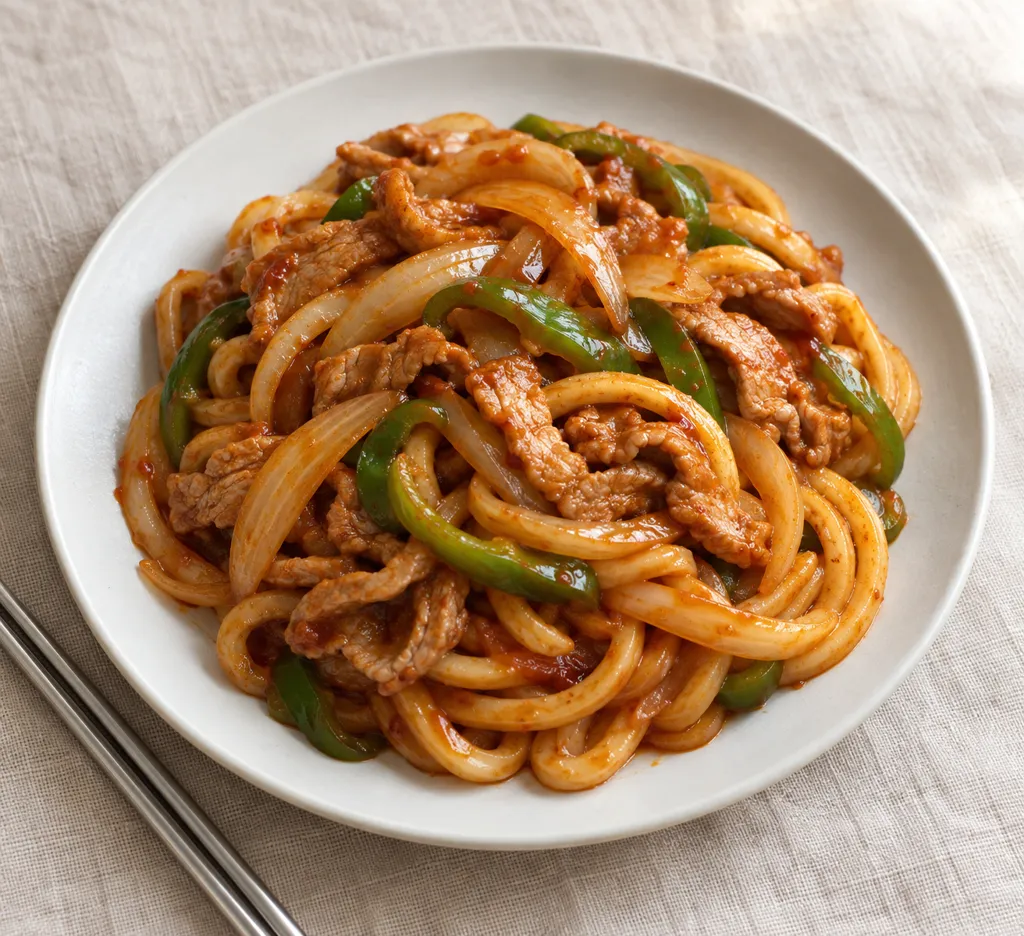 豚ロースと玉ねぎの韓国辛うどんの完成イメージ