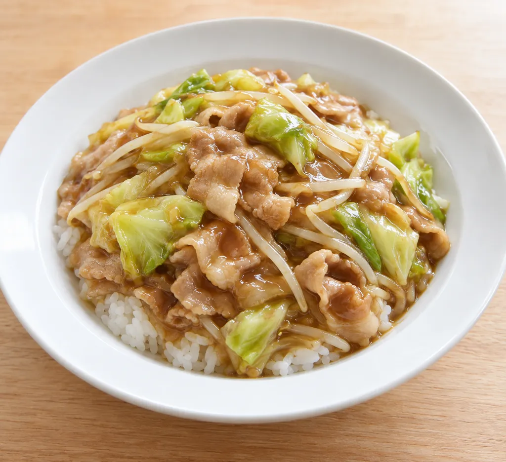 豚バラ肉とキャベツの中華丼の完成イメージ