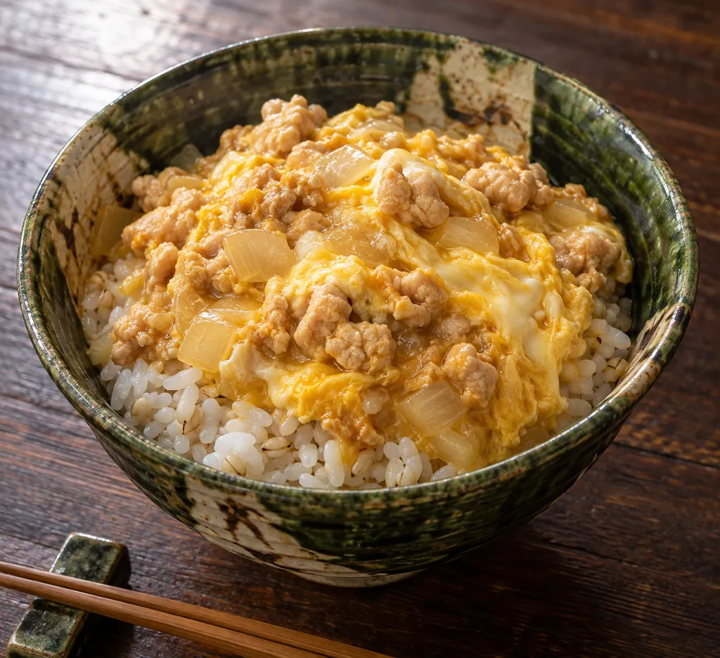 鶏ひき肉ともち麦の親子丼の完成イメージ