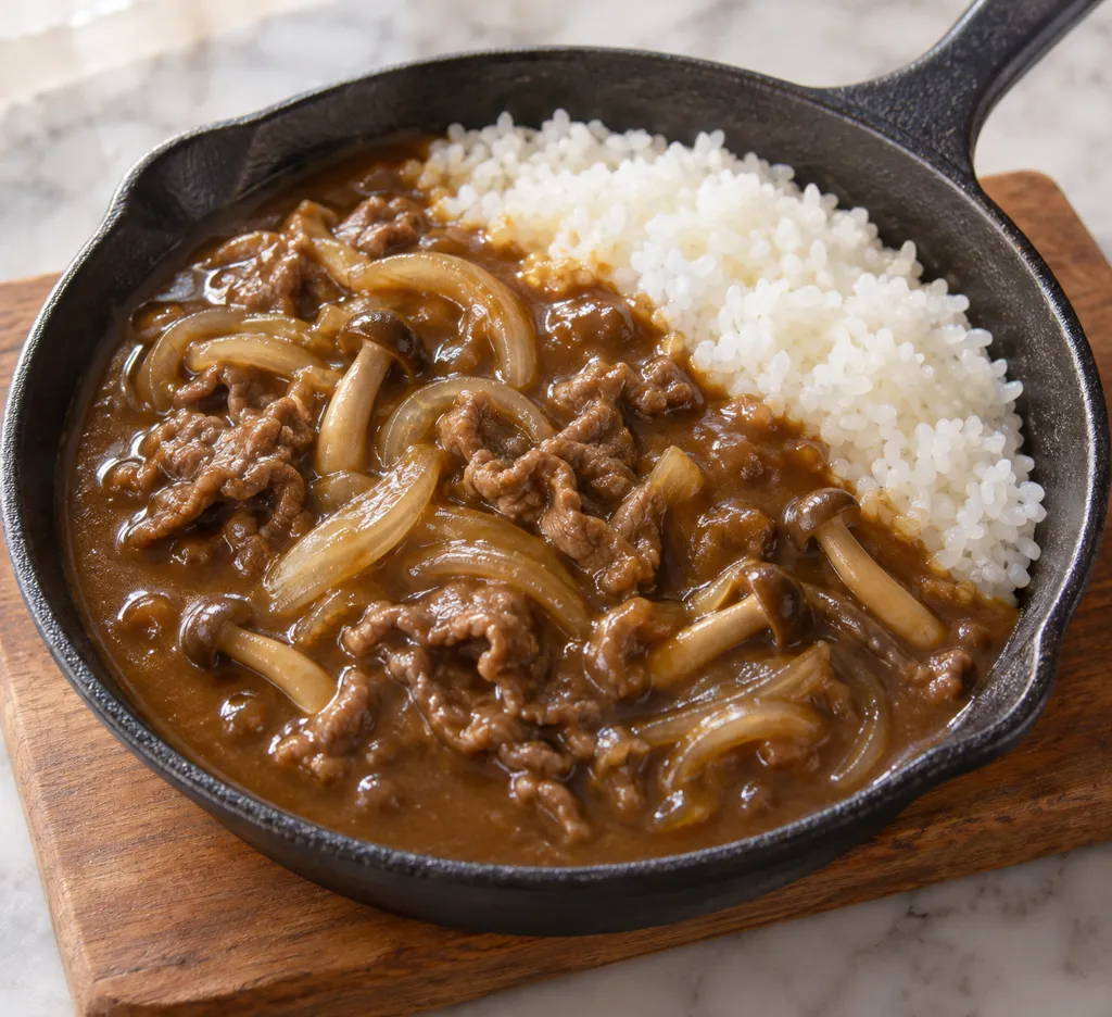牛薄切り肉としめじの洋風カレーの完成イメージ
