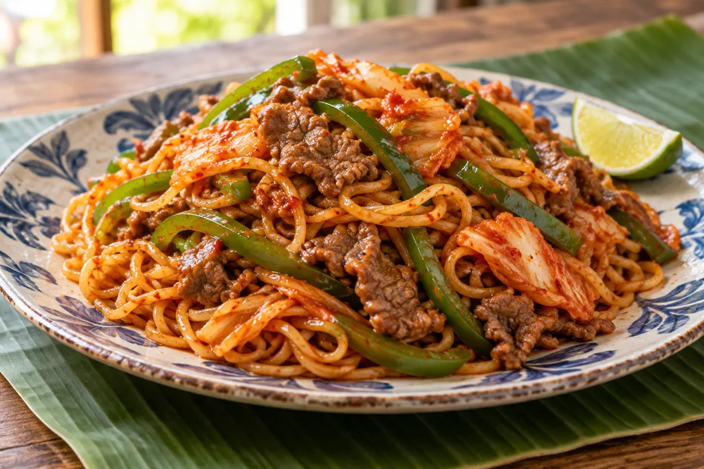 牛こま肉とピーマンのキムチ焼き麺の完成イメージ