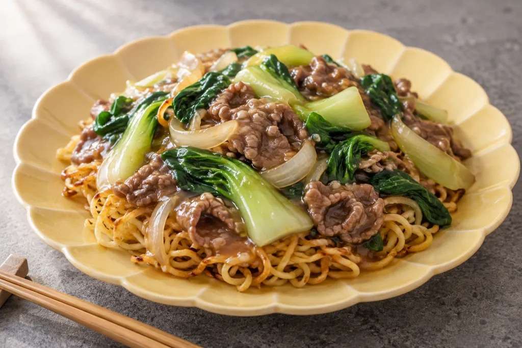牛こま肉とチンゲン菜のあんかけ焼きそばの完成イメージ