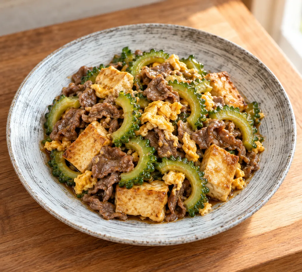 ゴーヤと牛こま肉の甘辛チャンプルーの完成イメージ
