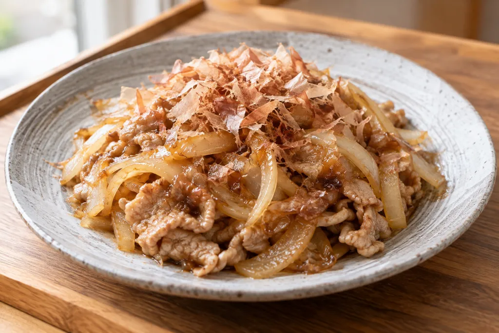 豚こま肉と玉ねぎのおかか炒めの完成イメージ