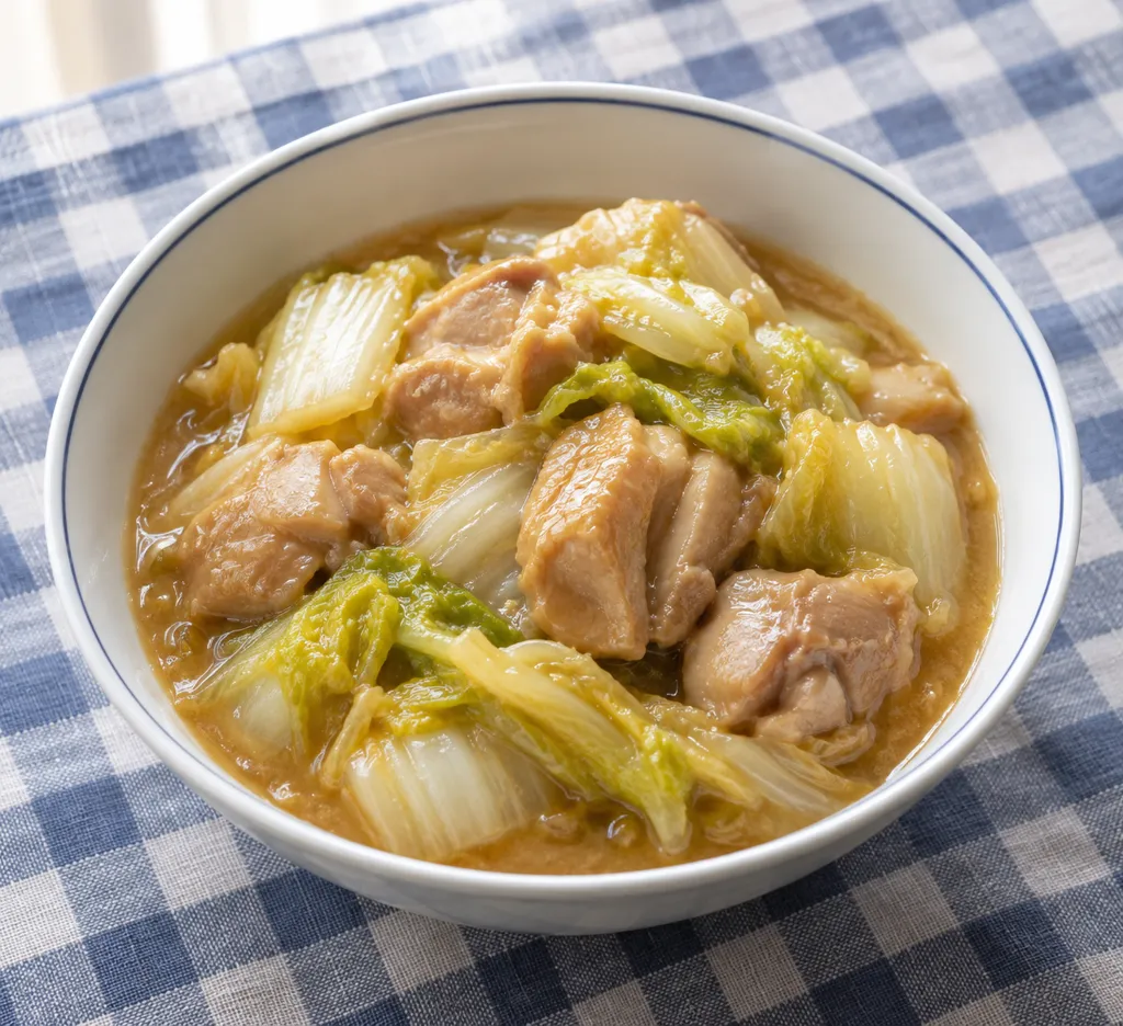 鶏もも肉と白菜のごま油香る味噌煮込みの完成イメージ