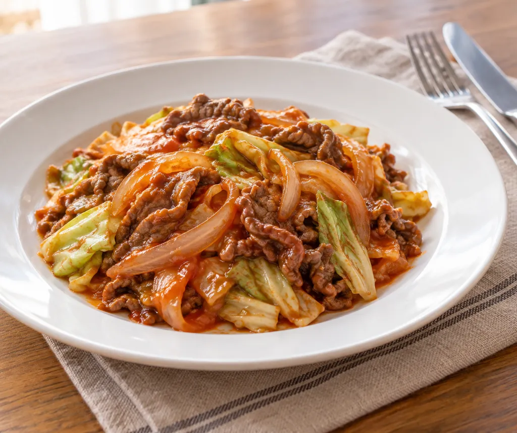 牛肉とキャベツのケチャップ炒めの完成イメージ
