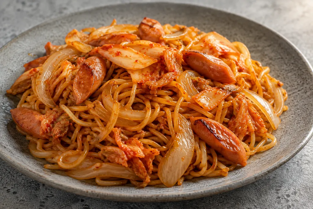 ウインナーと玉ねぎのキムチ焼きそばの完成イメージ