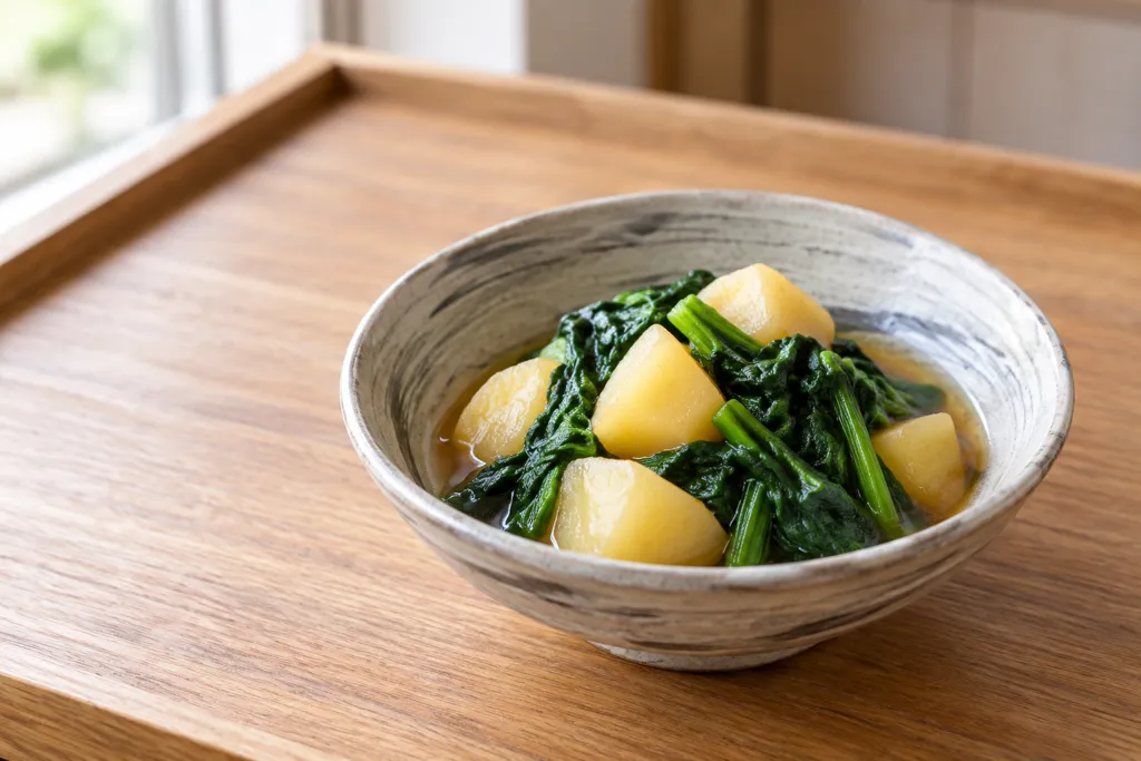 じゃがいもとほうれん草の薄甘煮の完成イメージ