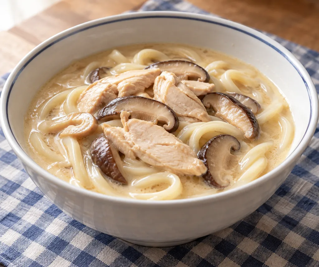 鶏むね肉としいたけのまろやか豆乳うどんの完成イメージ