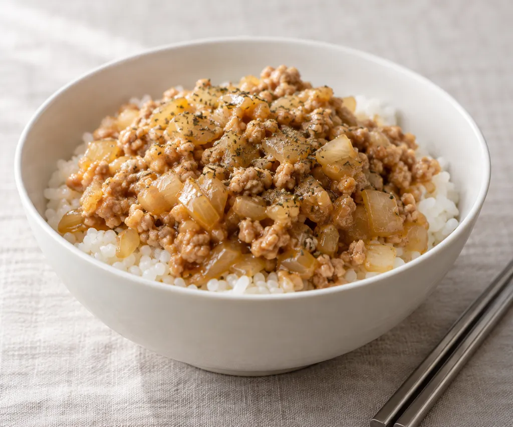 鶏ひき肉と玉ねぎのバジル炒め丼の完成イメージ