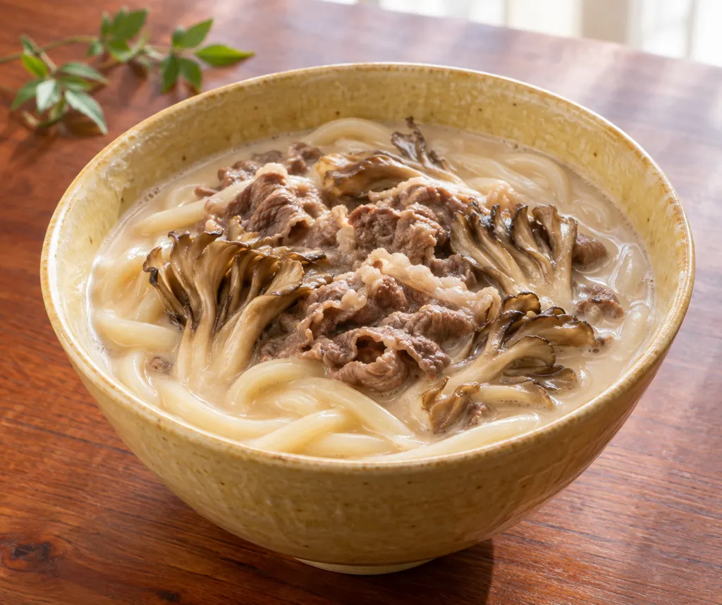 牛肉とまいたけの豆乳うどんの完成イメージ
