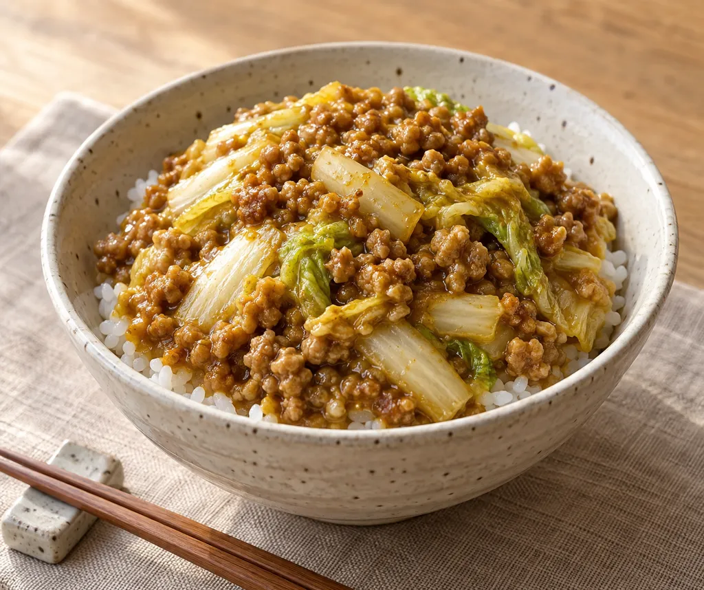 豚肉と白菜の味噌そぼろカレー丼の完成イメージ