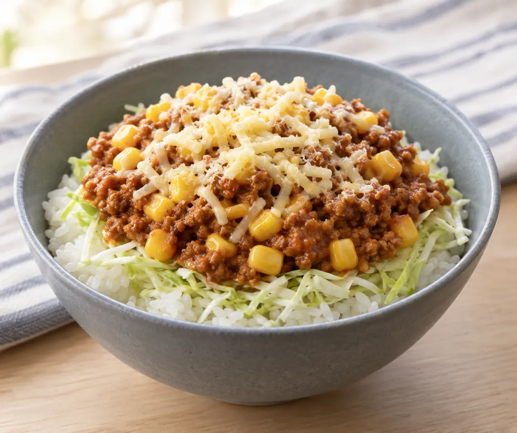 豚ひき肉とキャベツのタコライスの完成イメージ