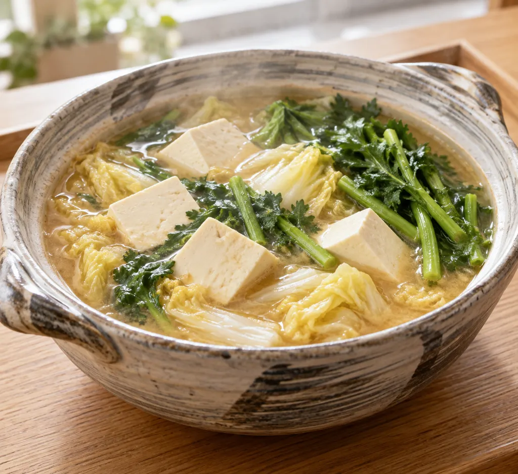 豆腐と白菜の春菊入り味噌鍋の完成イメージ