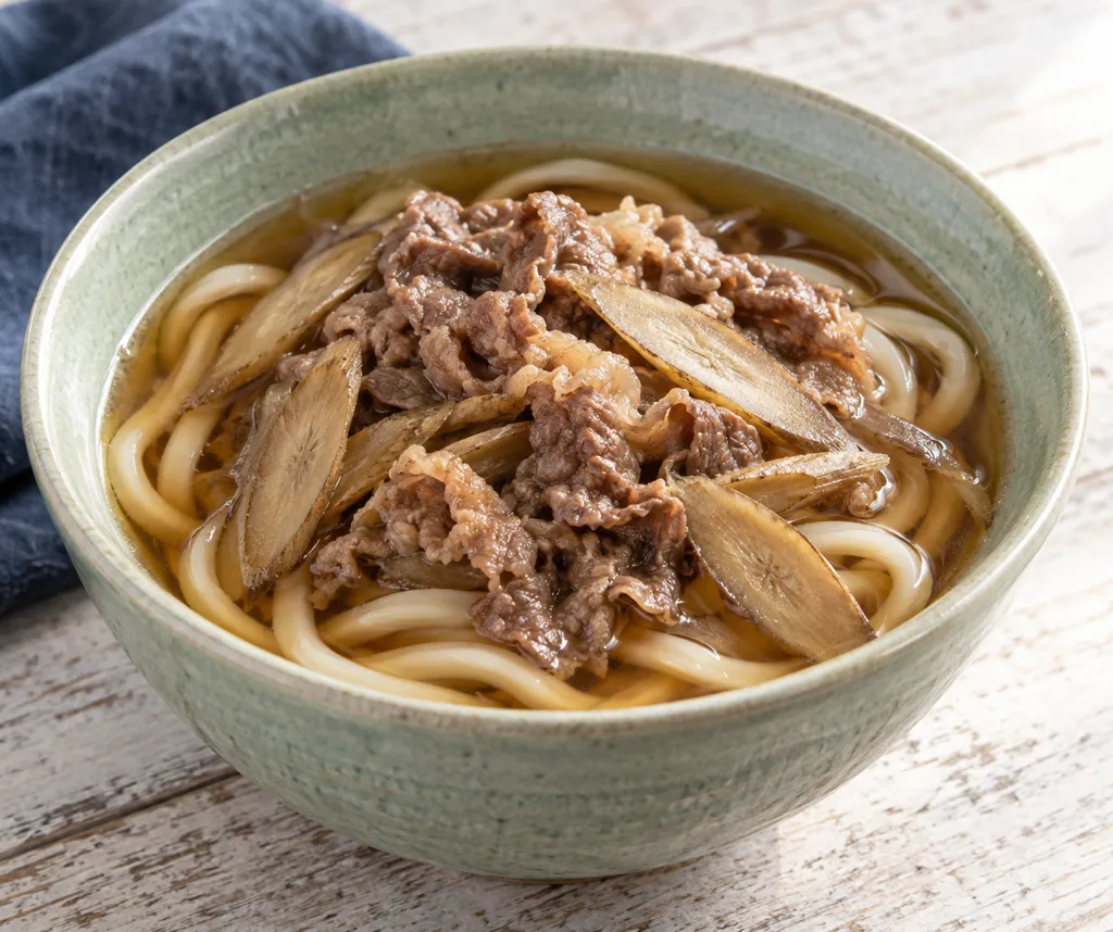 牛薄切り肉とごぼうのかけうどんの完成イメージ