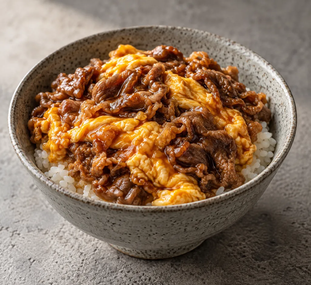 牛こま肉と卵の韓国卵丼の完成イメージ
