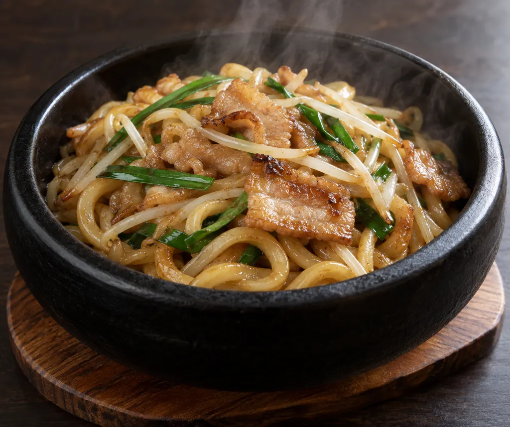 豚バラ肉ともやしの焼きうどんの完成イメージ
