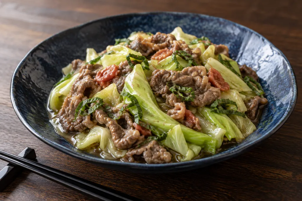 牛肉とキャベツの梅しそ炒めの完成イメージ