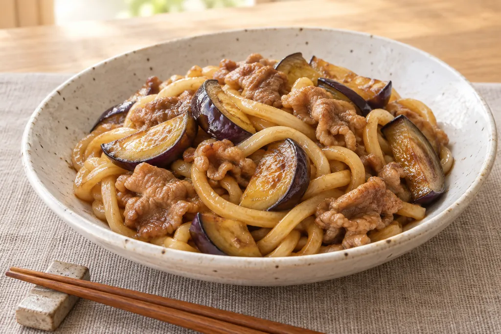 豚こま肉となすの和風焼きうどんの完成イメージ