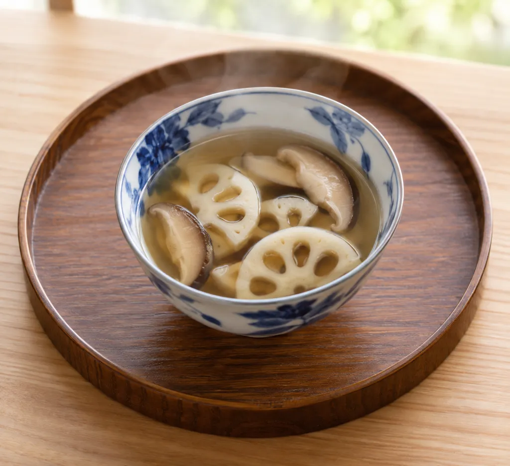 れんこんとしいたけのすまし汁の完成イメージ