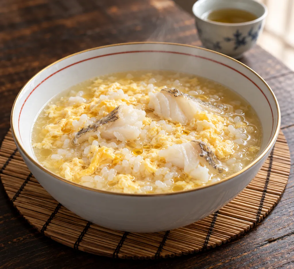 たらと卵のごま油香る中華雑炊の完成イメージ