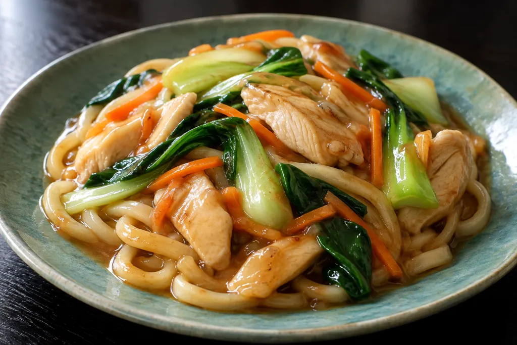 鶏肉とチンゲン菜のあんかけうどんの完成イメージ