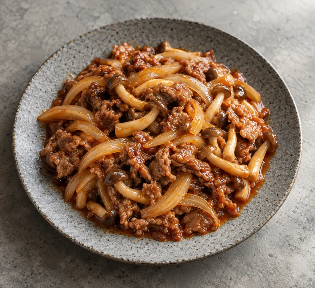 牛こま肉としめじのコチュジャン炒めの完成イメージ