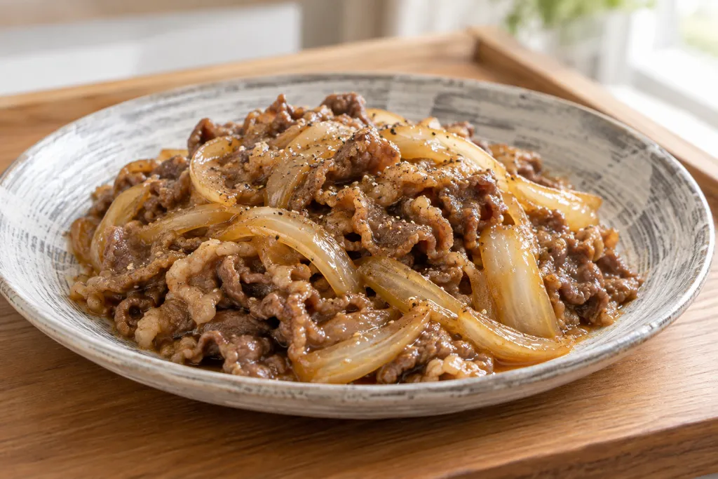 牛薄切り肉と玉ねぎのにんにく味噌炒めの完成イメージ