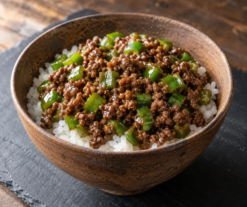 牛肉とピーマンのそぼろ丼の完成イメージ
