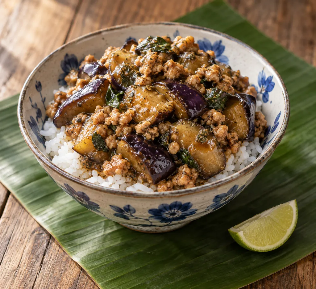 鶏ひき肉となすのバジル炒め丼の完成イメージ