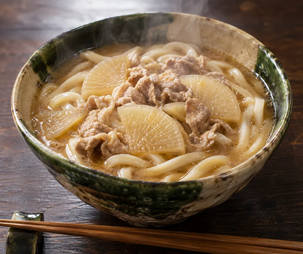 豚こま肉と大根の味噌煮込みうどんの完成イメージ