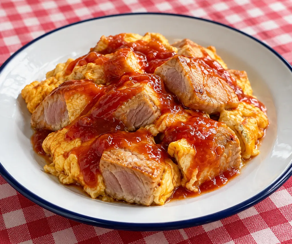 まぐろと卵のレモンケチャップ焼きの完成イメージ
