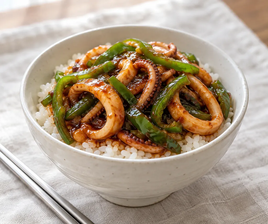 いかとピーマンの韓国甘辛丼の完成イメージ