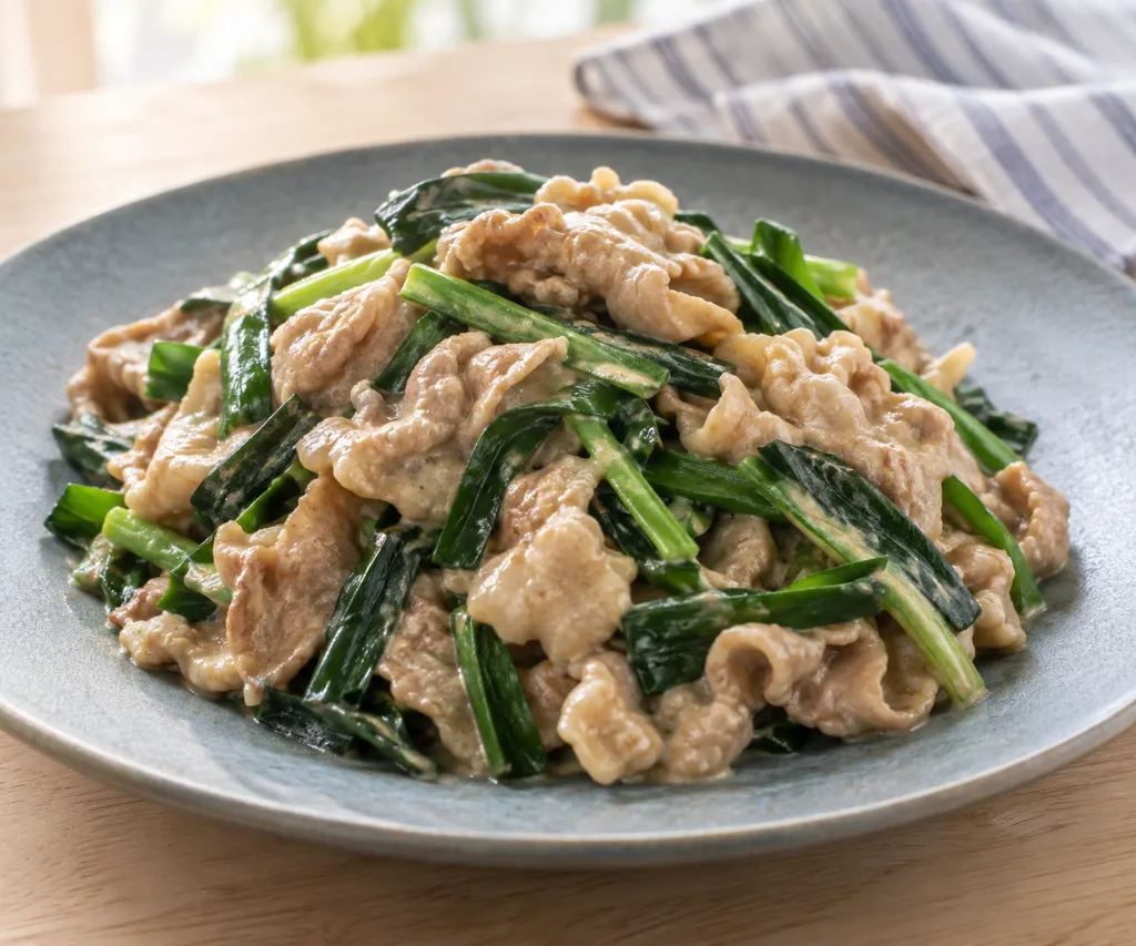 豚バラ肉と水菜のにんにくマヨネーズ炒めの完成イメージ