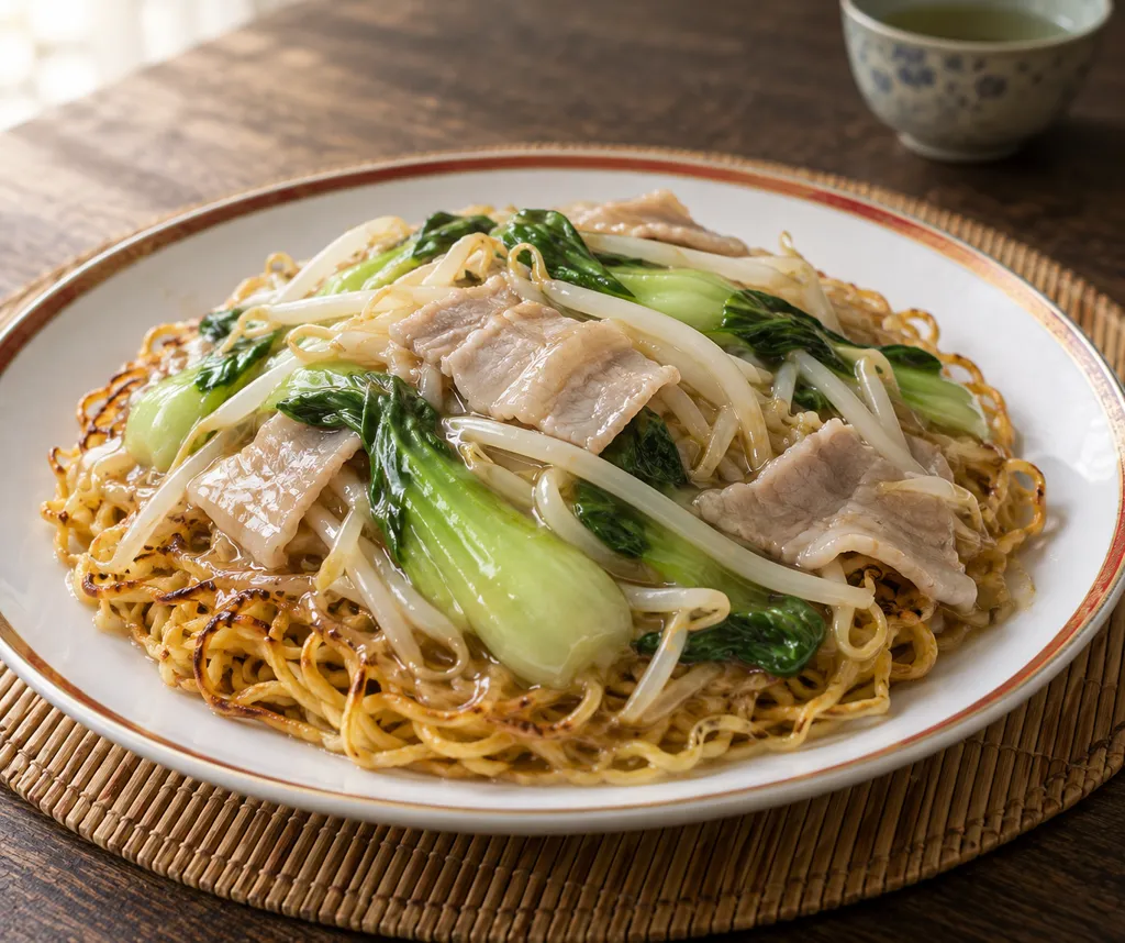 豚バラ肉とチンゲン菜のあんかけ焼きそばの完成イメージ