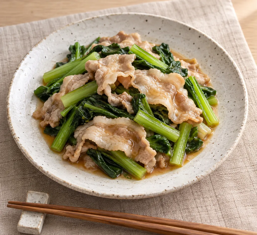 豚バラ肉と小松菜のレンジ重ね蒸しの完成イメージ
