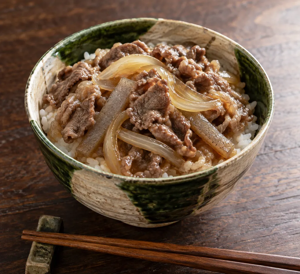 こんにゃくと玉ねぎの牛もも丼の完成イメージ