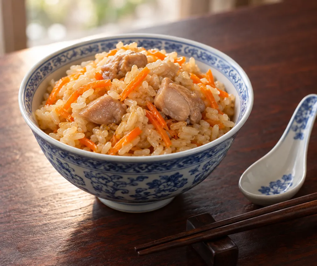 鶏もも肉とにんじんの中華炊き込みご飯の完成イメージ