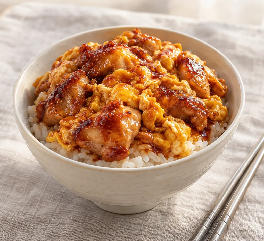鶏もも肉と卵の韓国卵丼の完成イメージ