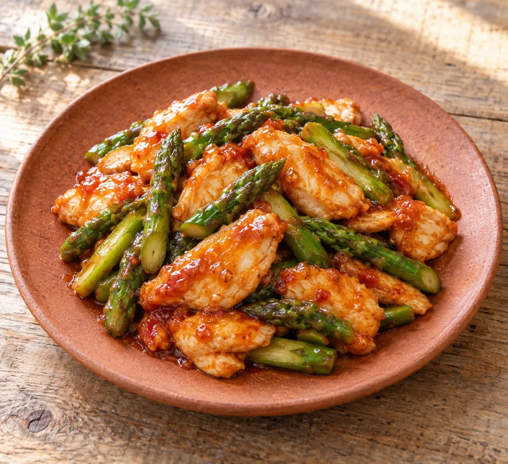 鶏むね肉とアスパラの甘辛炒めの完成イメージ