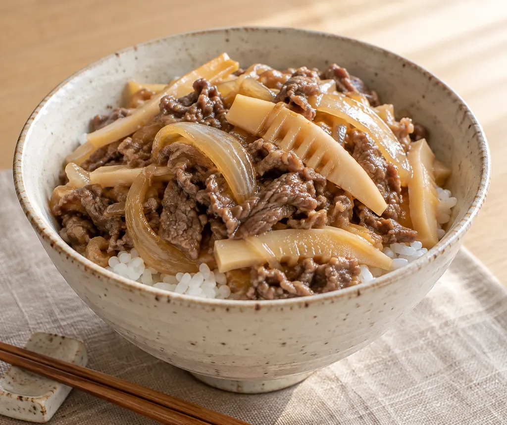 たけのこと玉ねぎの牛もも丼の完成イメージ