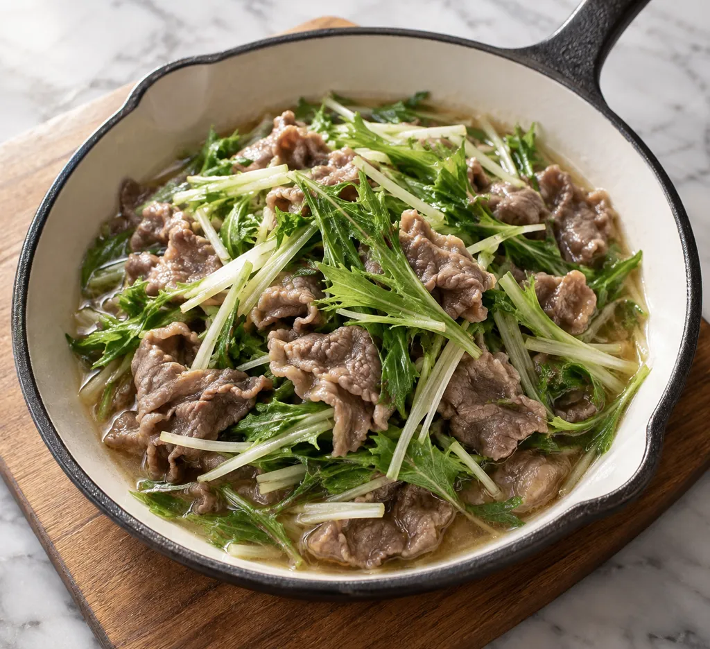 牛薄切り肉と水菜のしょうがコンソメ蒸しの完成イメージ