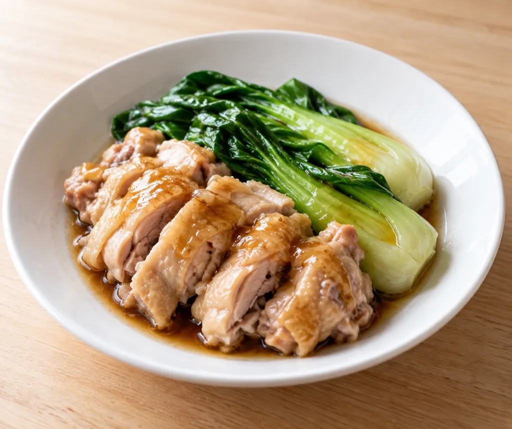 鶏もも肉とチンゲン菜の中華蒸し鶏の完成イメージ