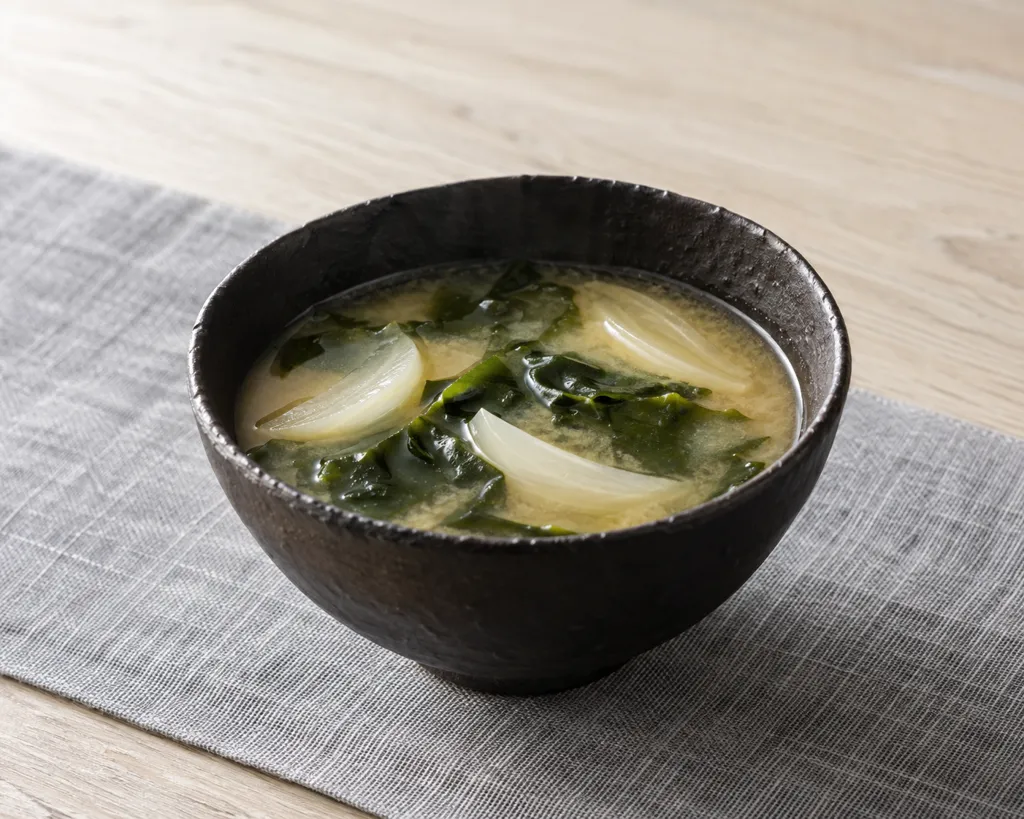 乾燥わかめと玉ねぎの味噌スープの完成イメージ